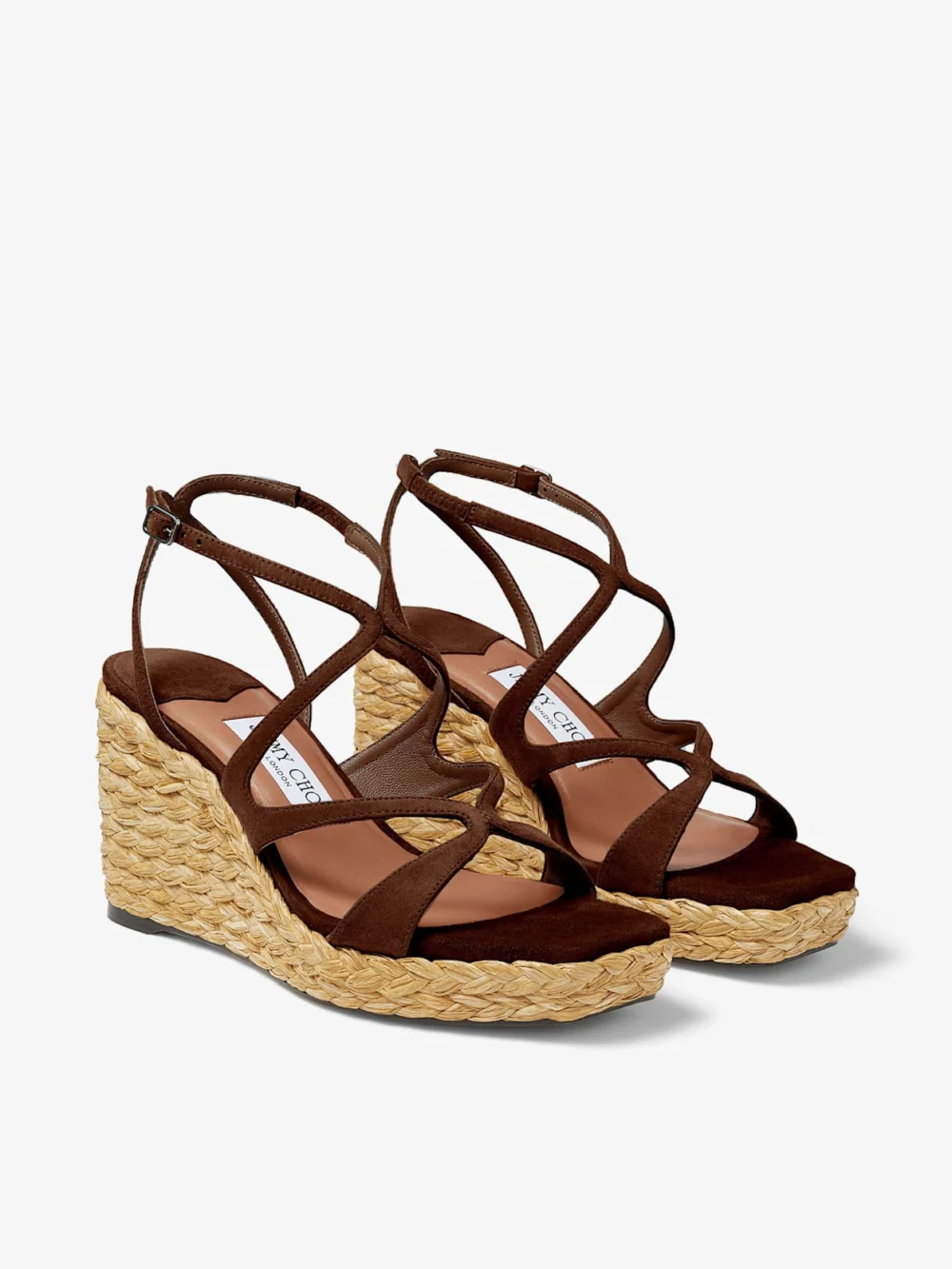 Close-up detail of the Jimmy Choo Ayla 85 Coffee Suede Wedge