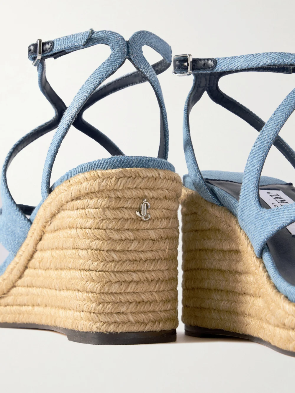 Close-up detail of the Jimmy Choo Ayla 85 Denim Platform Espadrilles