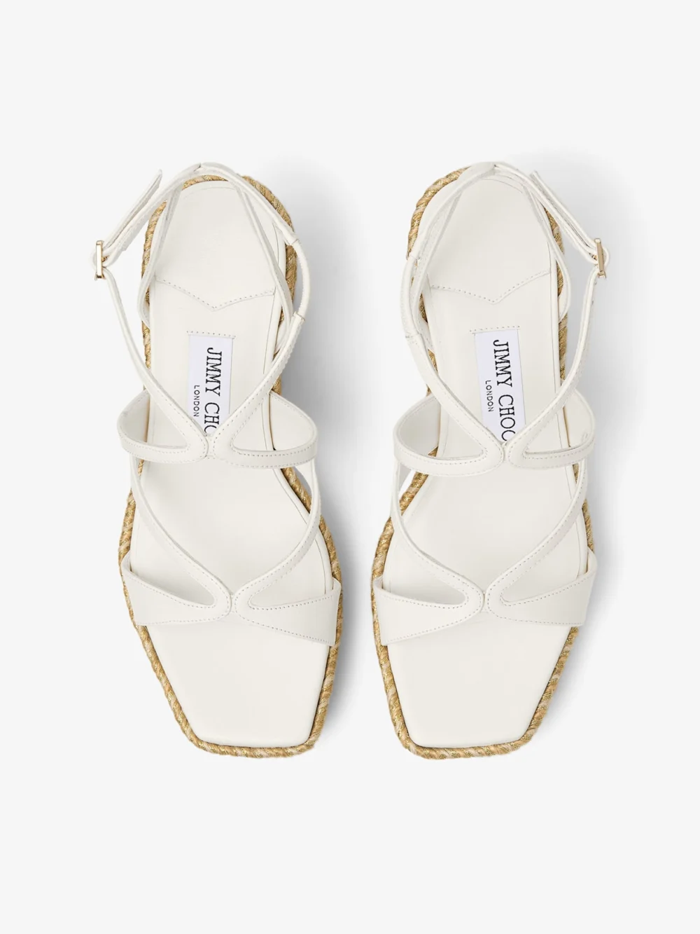 Close-up detail of the Jimmy Choo Ayla 85 Latte Leather Wedge