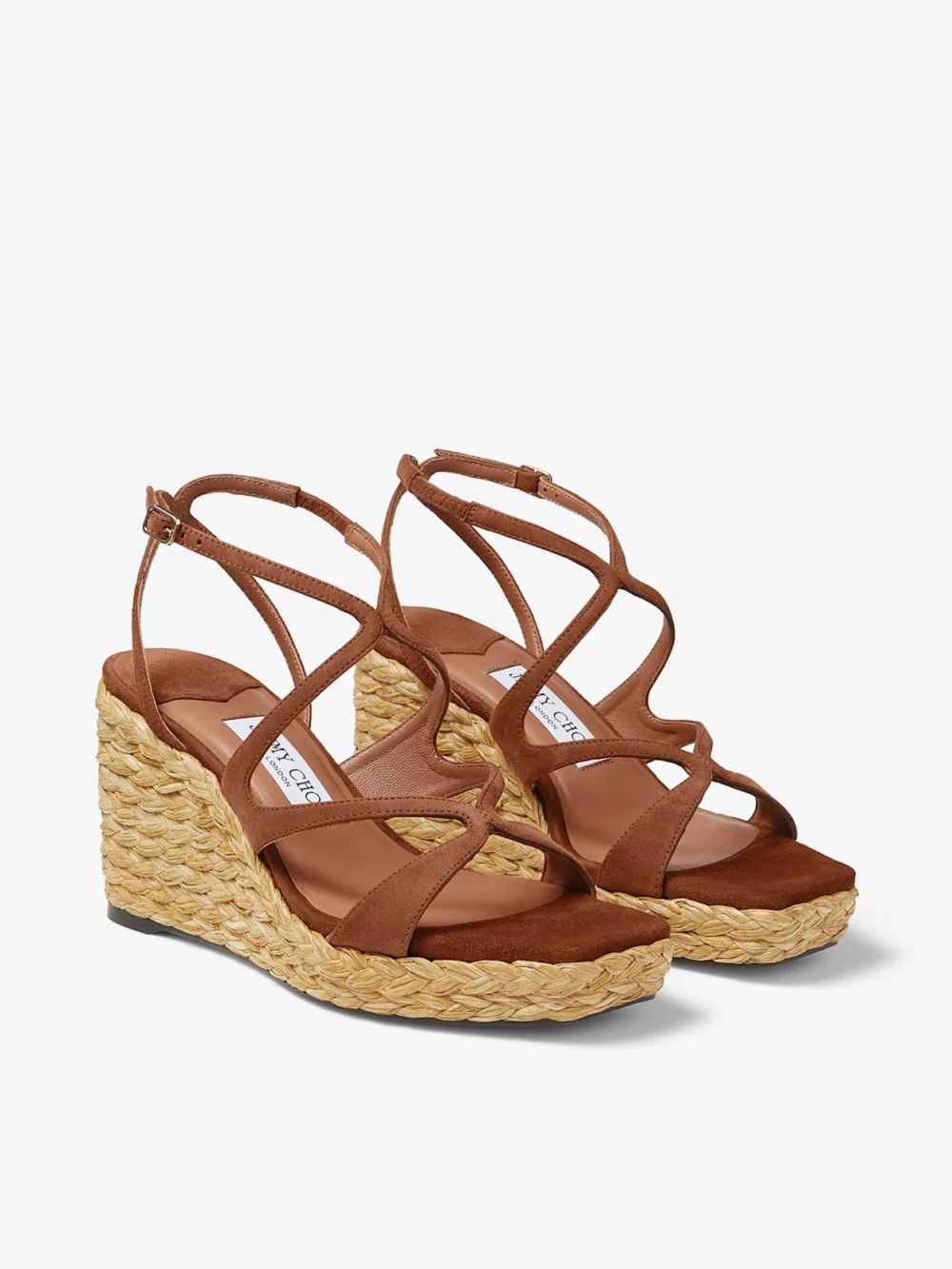 Close-up detail of the Jimmy Choo Ayla 85 Tan Suede Wedge