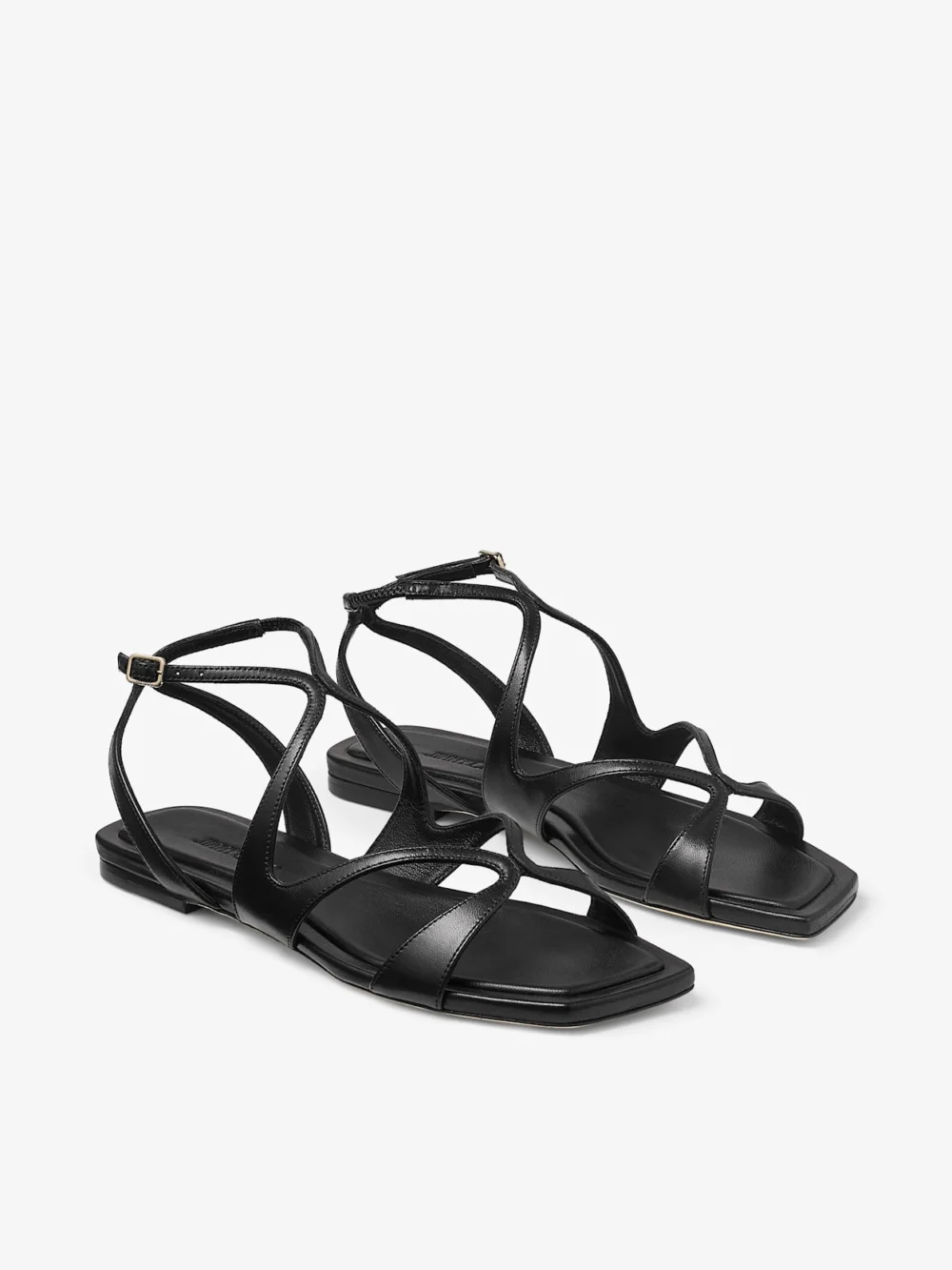 Close-up detail of the Jimmy Choo Ayla Flat Black Nappa Leather Flats