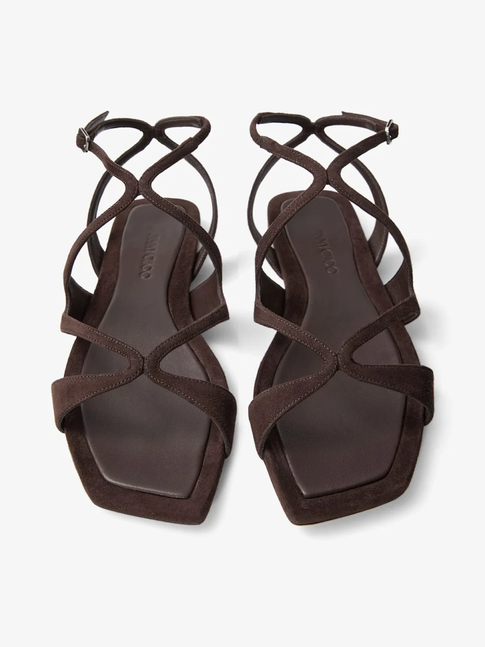 Back view of the Jimmy Choo Ayla Flat Chocolate Suede Flats