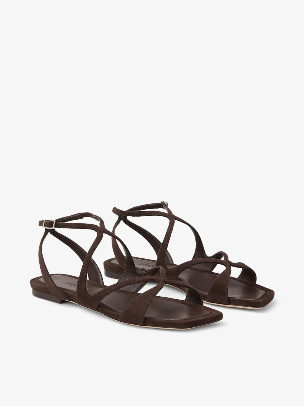 Close-up detail of the Jimmy Choo Ayla Flat Chocolate Suede Flats