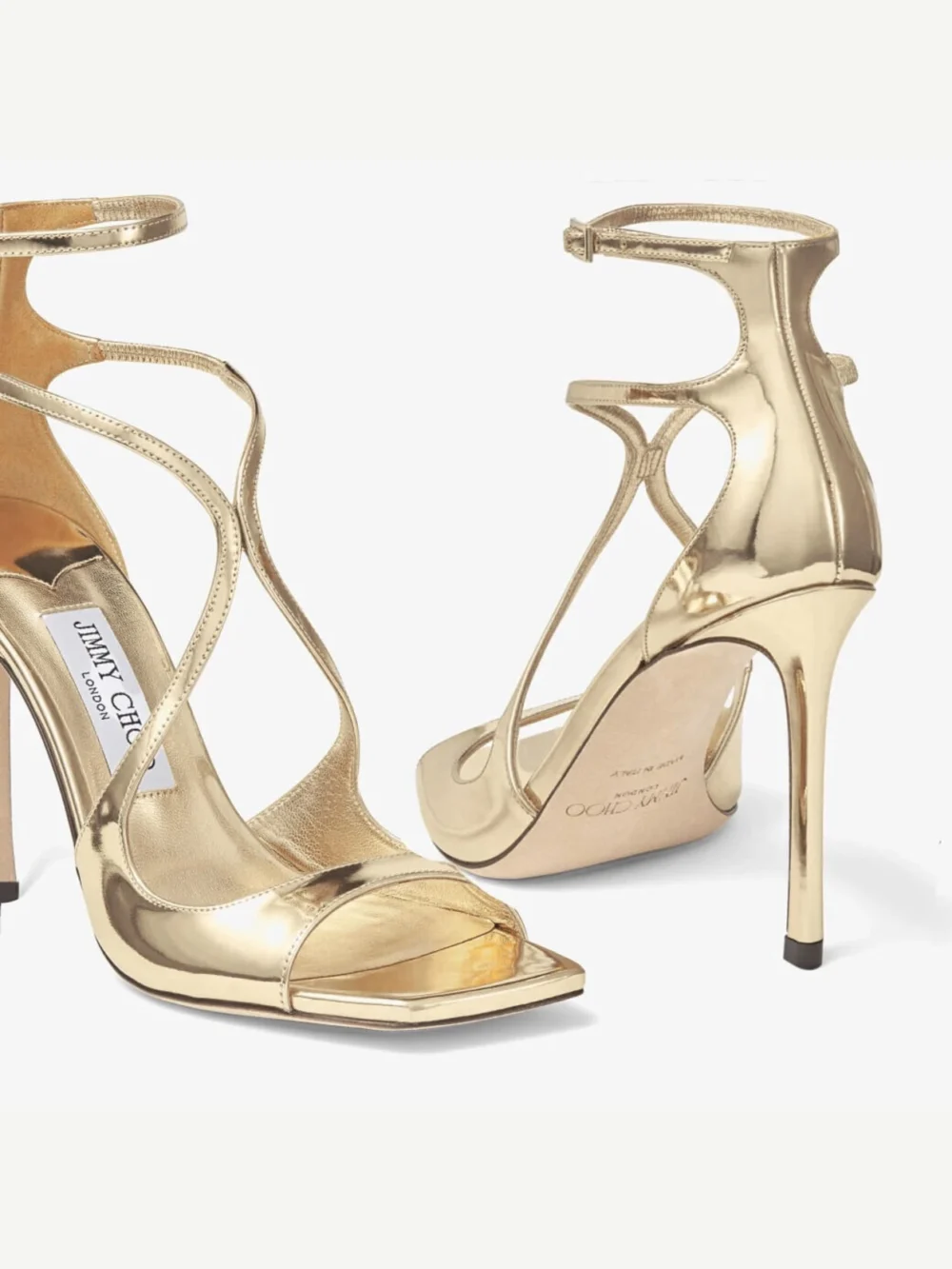 Close-up detail of the Jimmy Choo Azia 110 Gold Liquid Metal Leather Sandals