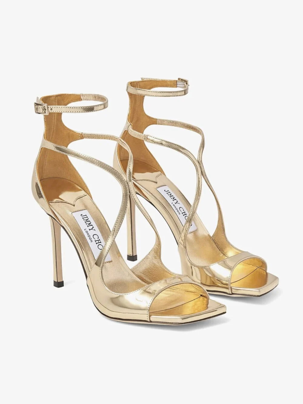 Side view of the Jimmy Choo Azia 110 Gold Liquid Metal Leather Sandals