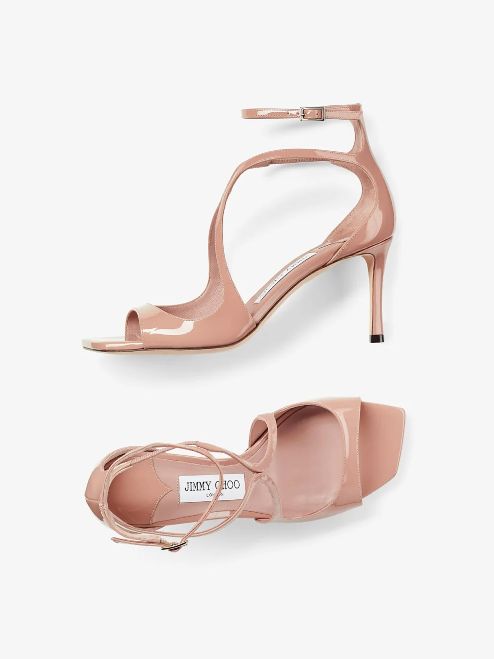 Back view of the Jimmy Choo Azia 75 Ballet Pink Patent Leather Sandals