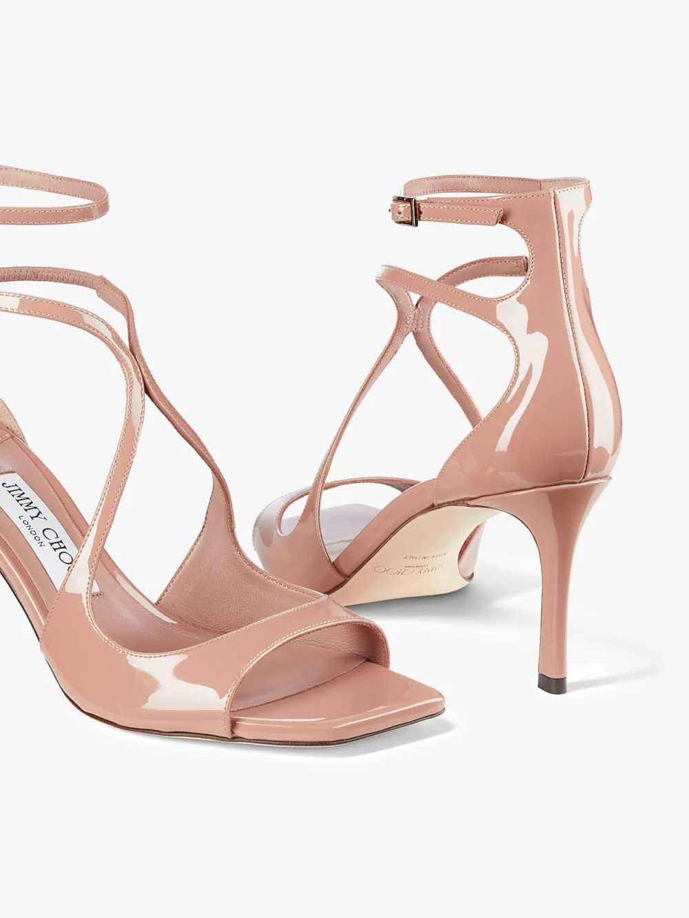 Close-up detail of the Jimmy Choo Azia 75 Ballet Pink Patent Leather Sandals