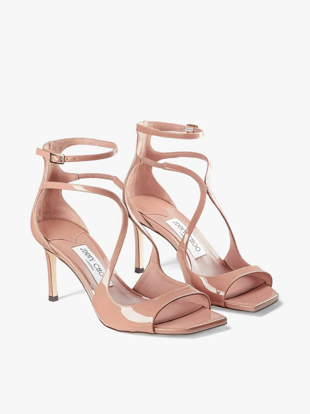 Side view of the Jimmy Choo Azia 75 Ballet Pink Patent Leather Sandals