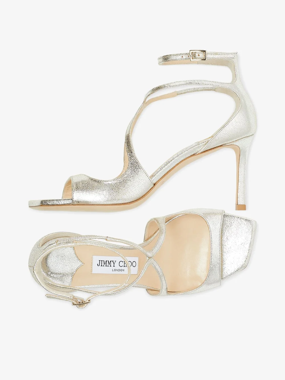 Close-up detail of the Jimmy Choo Azia 75 Champagne Glitter Leather Sandals