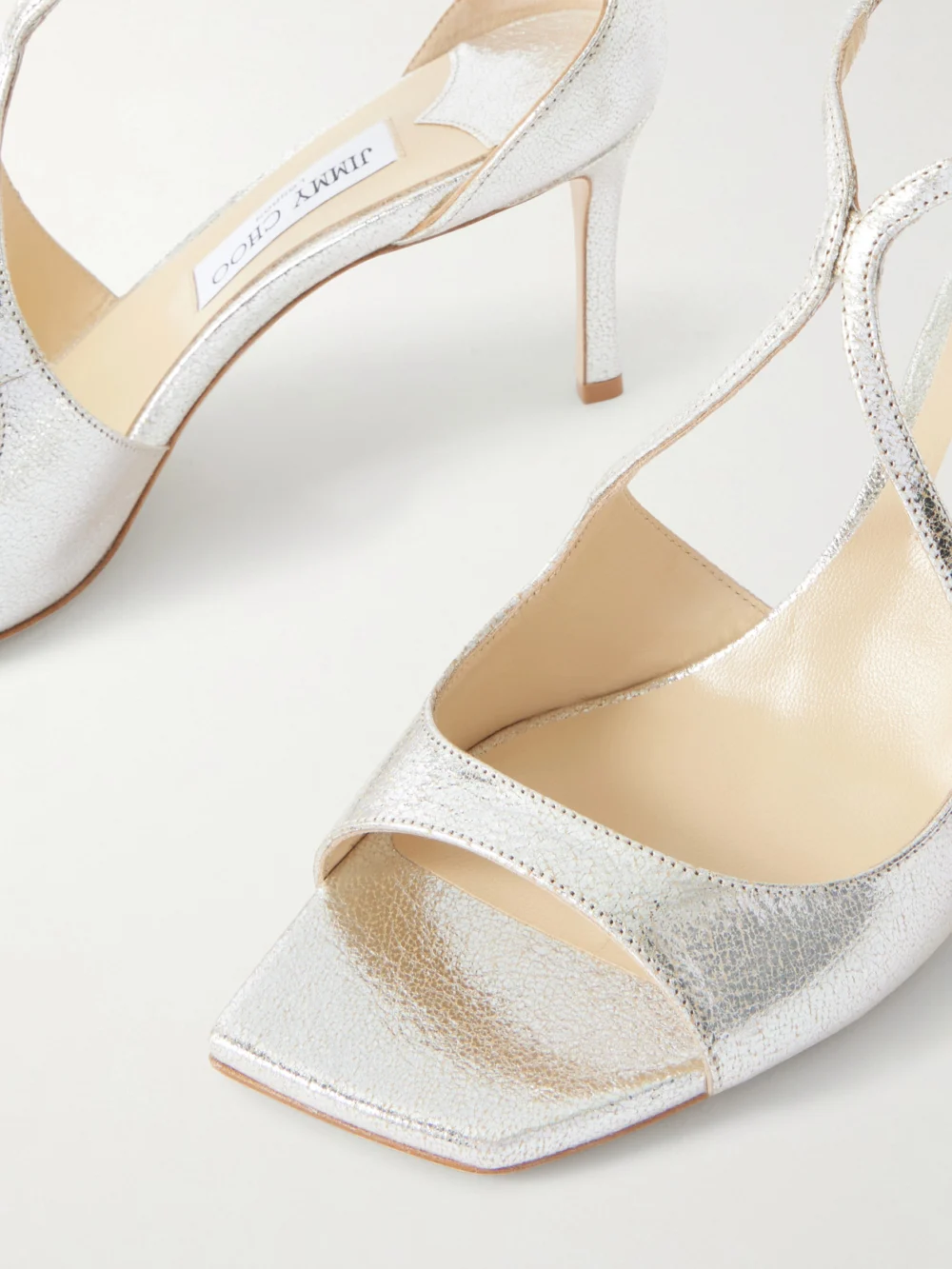 Close-up detail of the Jimmy Choo Azia 75 Metallic Textured-leather Sandals