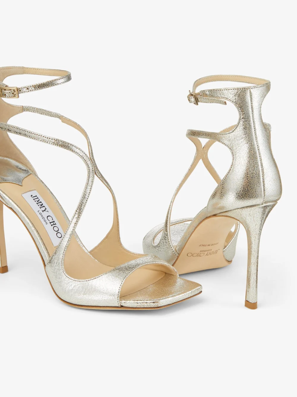 Close-up detail of the Jimmy Choo Azia 95 Champagne Glitter Leather Sandals