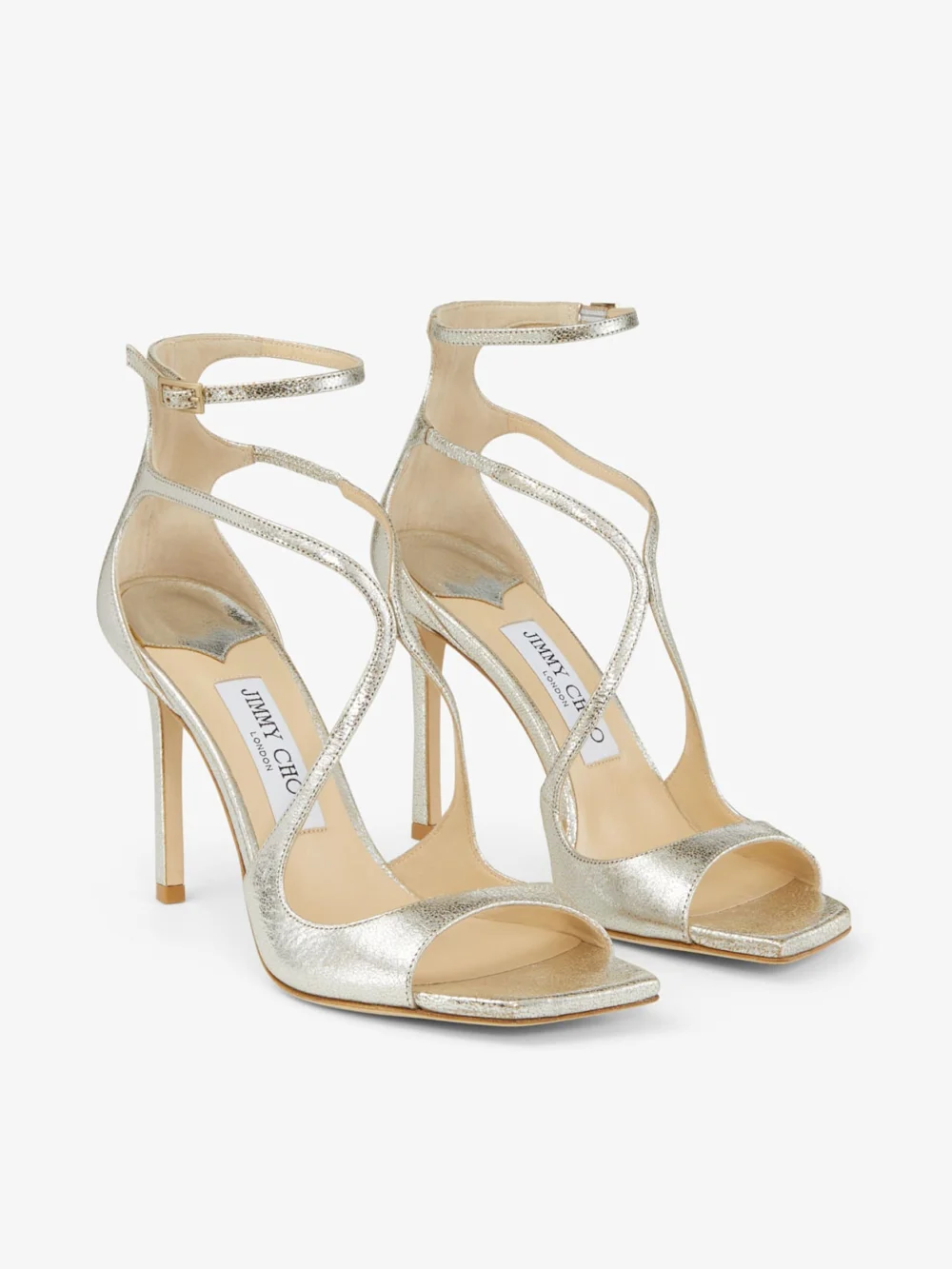 Side view of the Jimmy Choo Azia 95 Champagne Glitter Leather Sandals