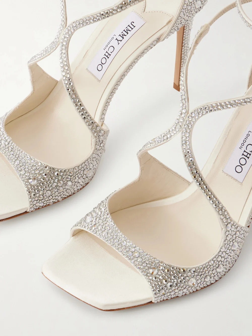 Close-up detail of the Jimmy Choo Azia 95 Crystal-embellished Satin Sandals