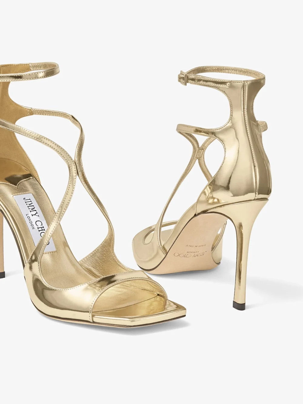 Back view of the Jimmy Choo Azia 95 Gold Liquid Metal Leather Sandals
