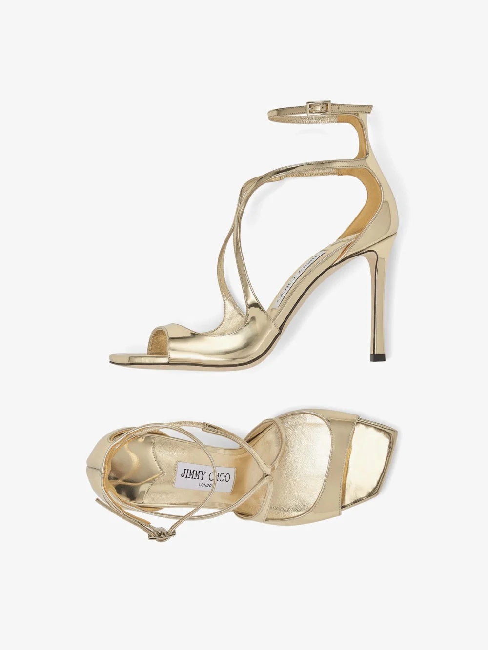 Jimmy Choo Azia 95 Gold Liquid Metal Leather Sandals, another view