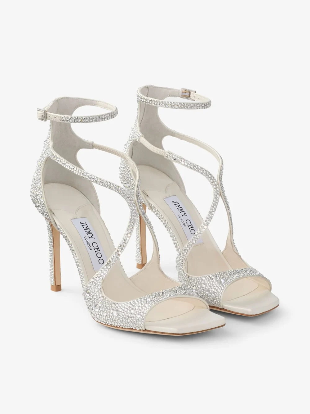 Close-up detail of the Jimmy Choo Azia 95 Ivory Satin Pumps with Crystal Embellishment