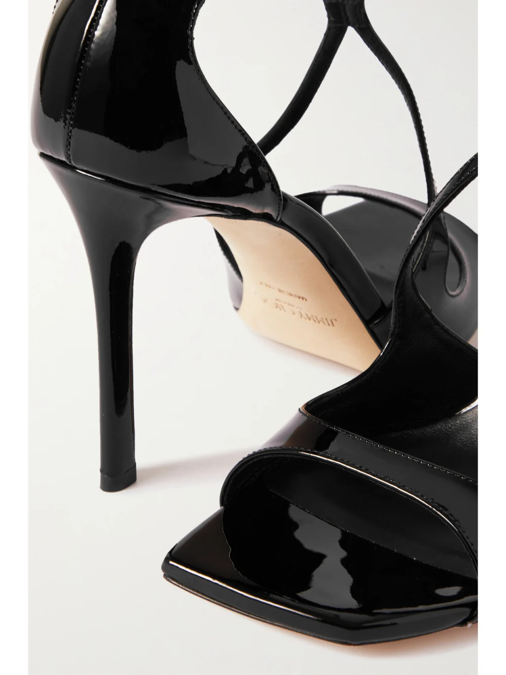 Close-up detail of the Jimmy Choo Azia 95 Patent-leather Sandals
