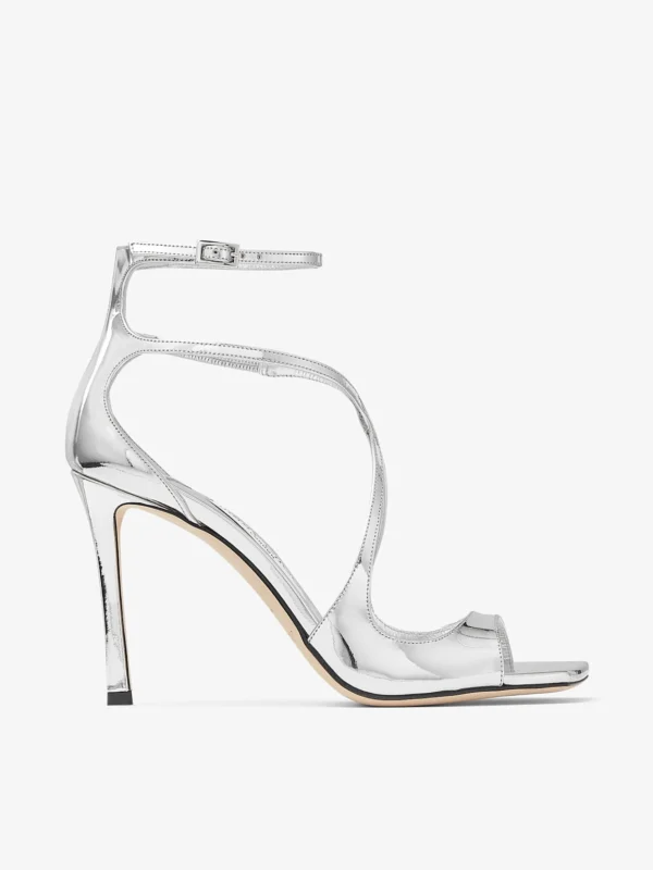 Jimmy Choo Azia 95 Silver Liquid Metal Leather Sandals