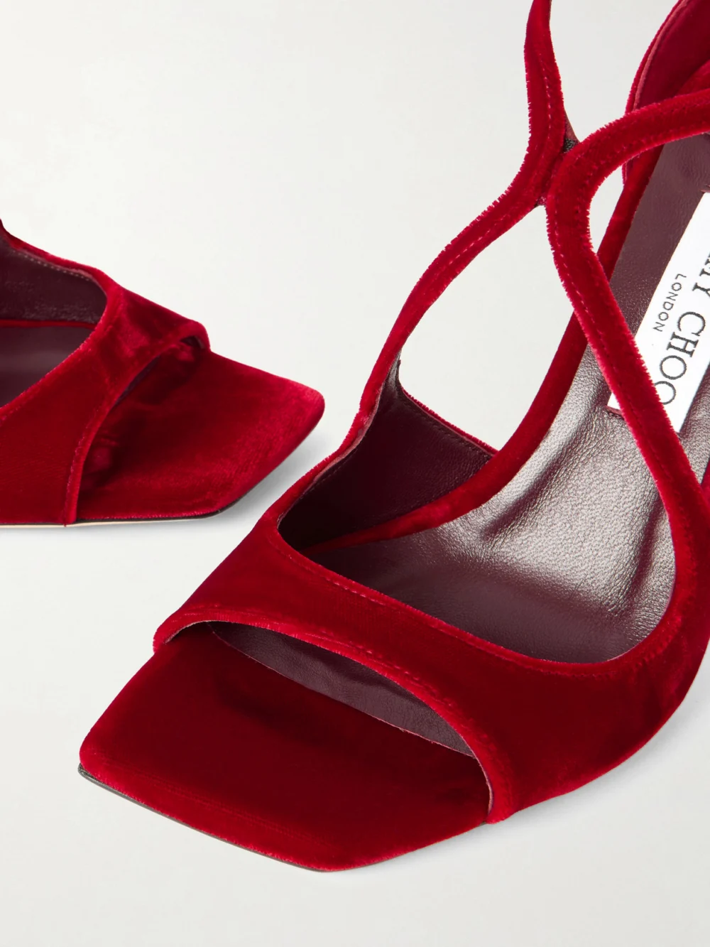 Close-up detail of the Jimmy Choo Azia 95 Velvet Sandals