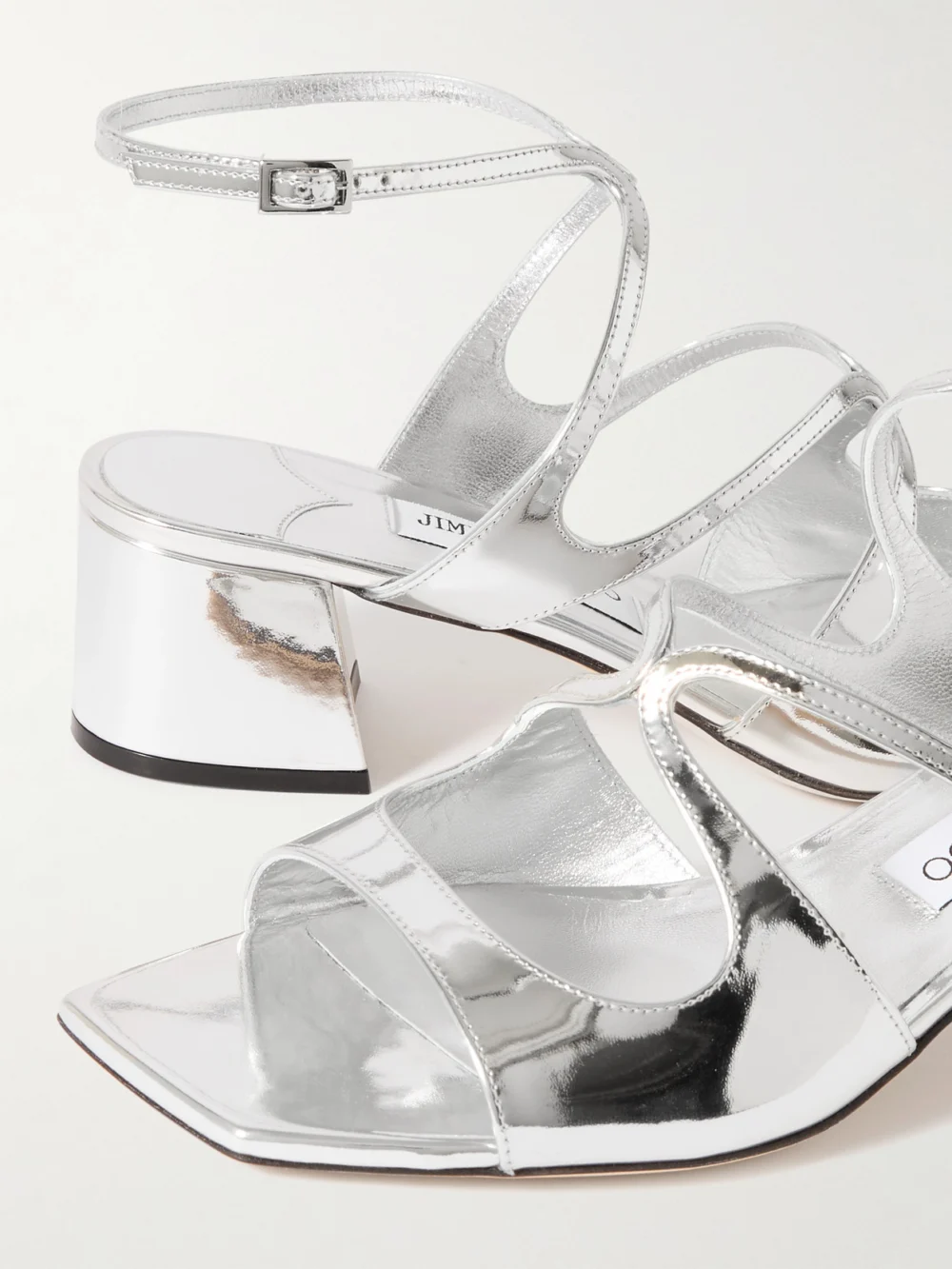 Close-up detail of the Jimmy Choo Azila 45 Metallic Leather Sandals