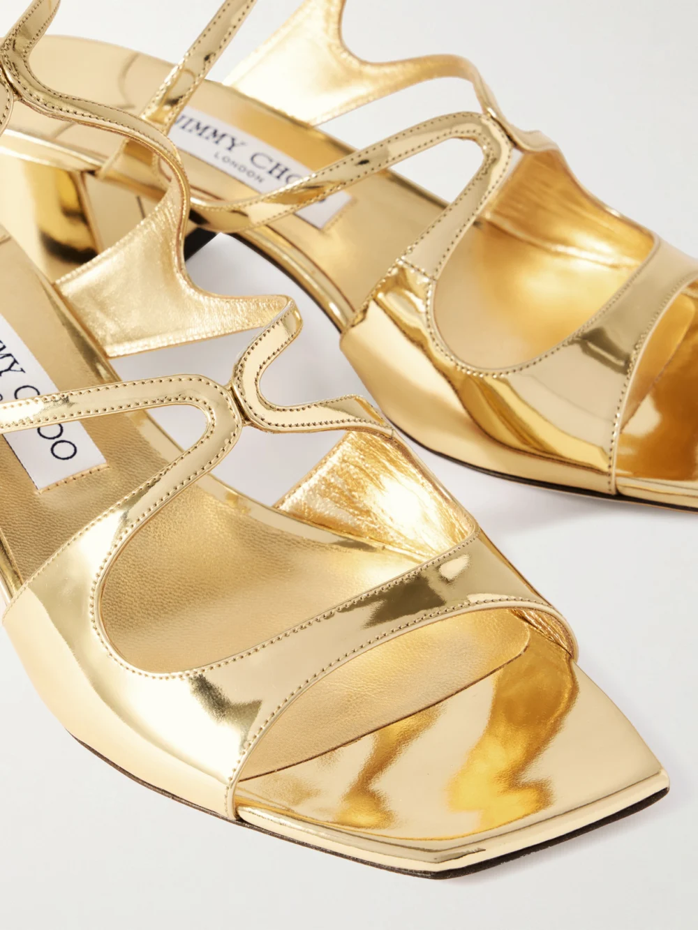 Close-up detail of the Jimmy Choo Azilia 45 Mirrored-leather Sandals