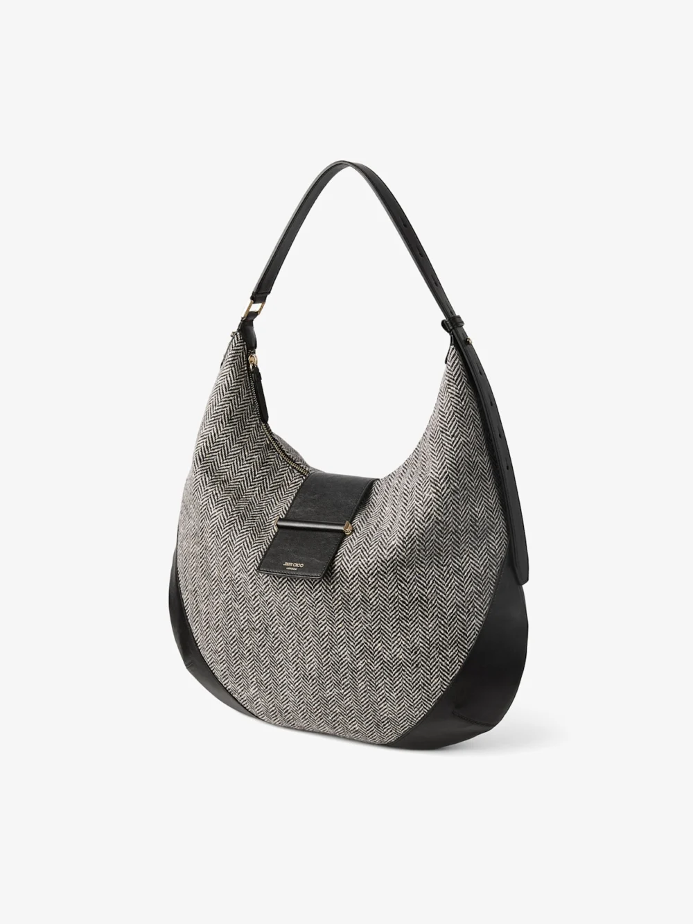 Close-up detail of the Jimmy Choo Bar Hobo Medium Black and Bamboo Herringbone Fabric Shoulder Bag with Biker Leather Trim
