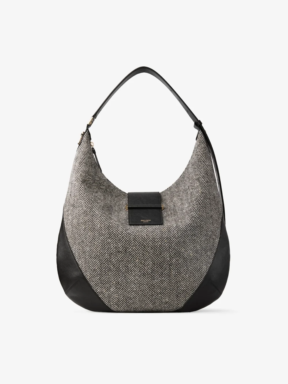 Jimmy Choo Bar Hobo Medium Black and Bamboo Herringbone Fabric Shoulder Bag with Biker Leather Trim in black
