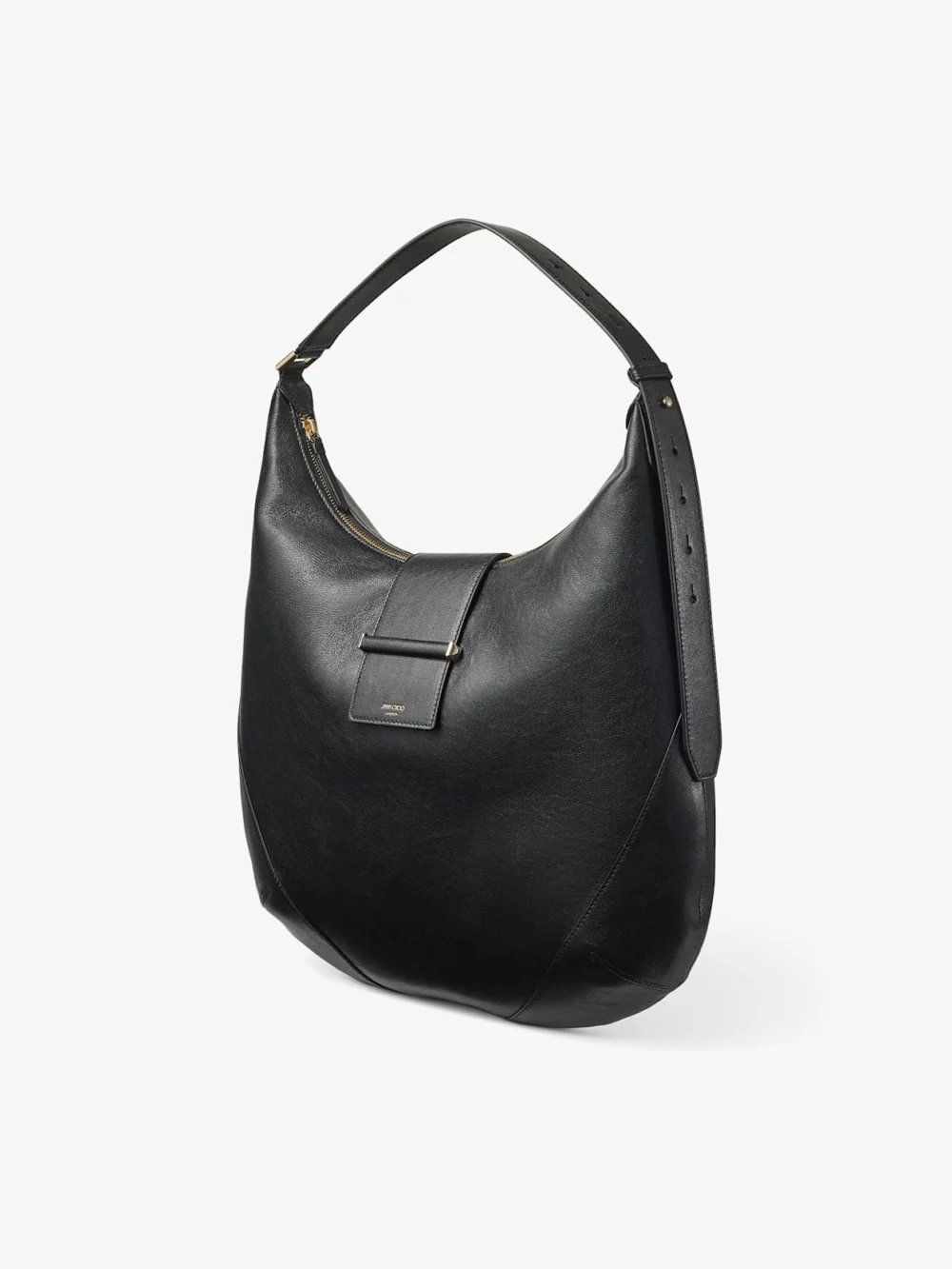 Close-up detail of the Jimmy Choo Bar Hobo Medium Black Biker Leather Shoulder Bag
