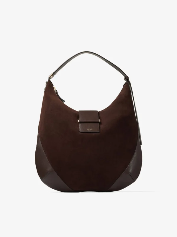 Jimmy Choo Bar Hobo Medium Chocolate Suede Shoulder Bag with Leather Trims