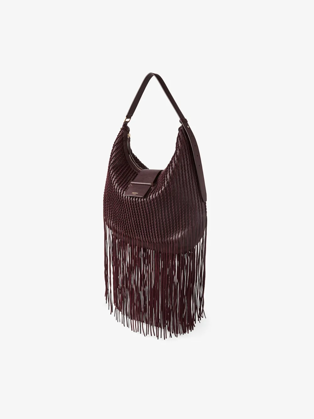 Back view of the Jimmy Choo Bar Hobo Medium Deep Merlot Biker Leather Shoulder Bag with Suede Fringes