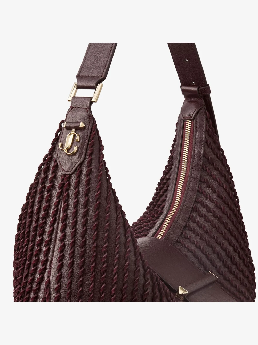 Jimmy Choo Bar Hobo Medium Deep Merlot Biker Leather Shoulder Bag with Suede Fringes, another view