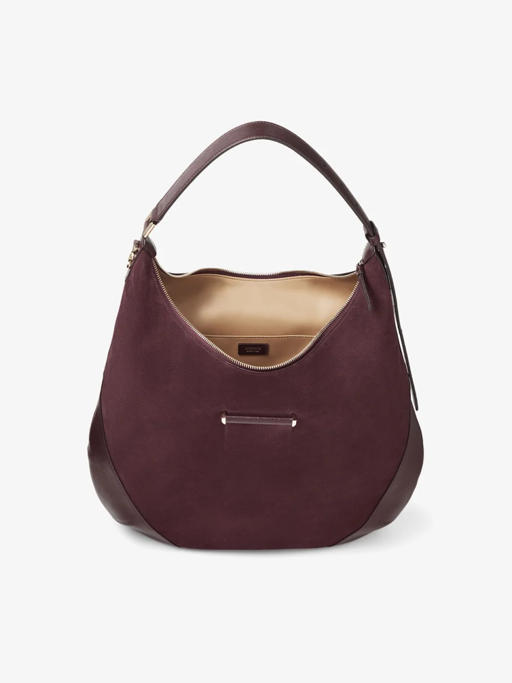 Back view of the Jimmy Choo Bar Hobo Medium Deep Merlot Suede Shoulder Bag with Biker Leather Trim