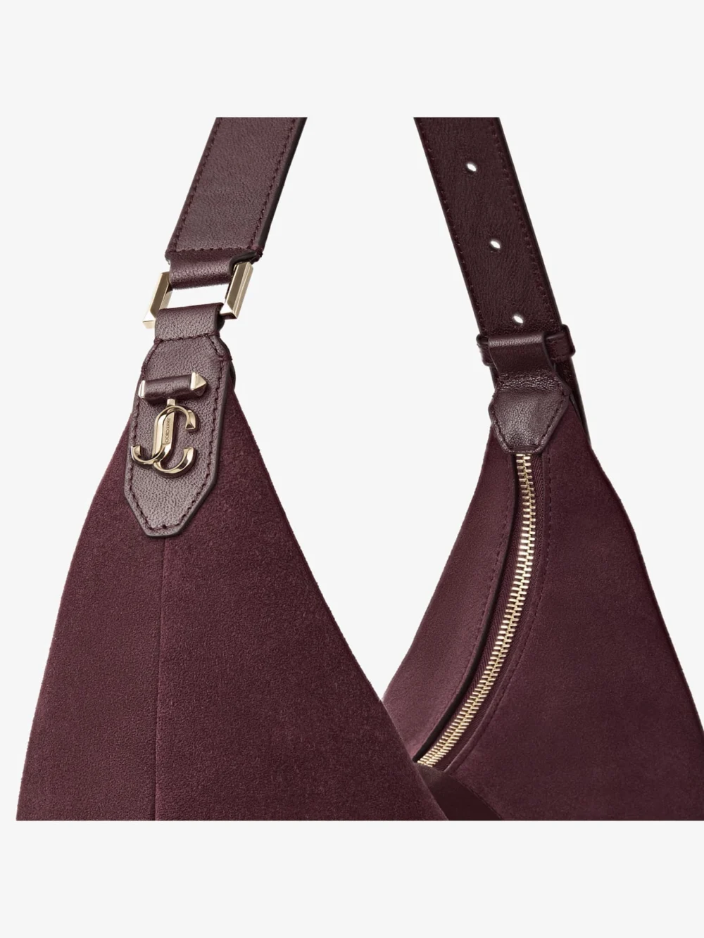 Close-up detail of the Jimmy Choo Bar Hobo Medium Deep Merlot Suede Shoulder Bag with Biker Leather Trim