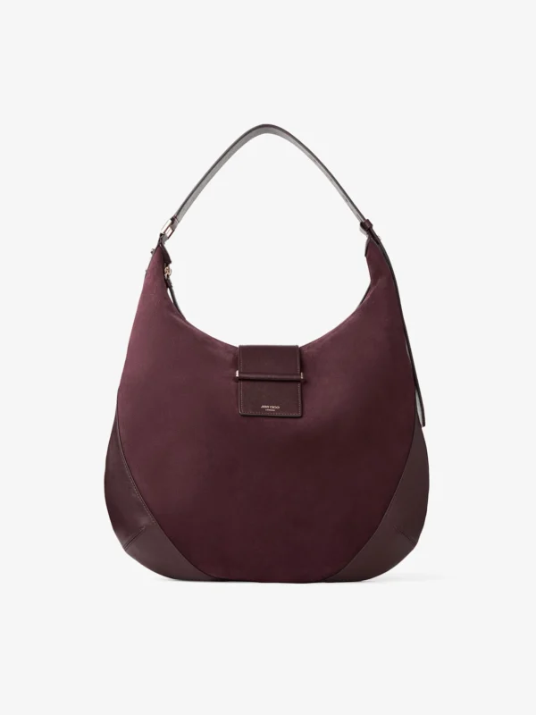Jimmy Choo Bar Hobo Medium Deep Merlot Suede Shoulder Bag with Biker Leather Trim