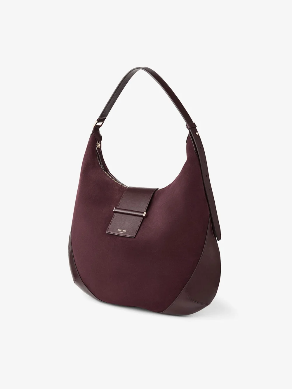 Side view of the Jimmy Choo Bar Hobo Medium Deep Merlot Suede Shoulder Bag with Biker Leather Trim
