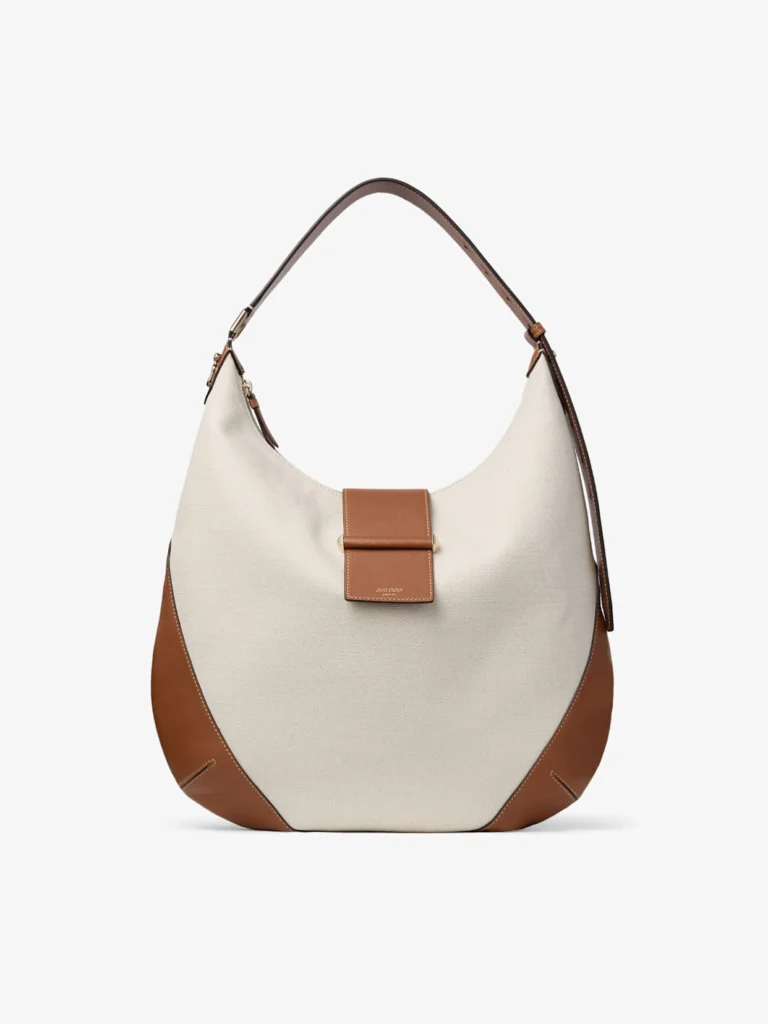 Jimmy Choo Bar Hobo Medium Natural and Tan Recycled Canvas Shoulder Bag with Biker Leather Trim