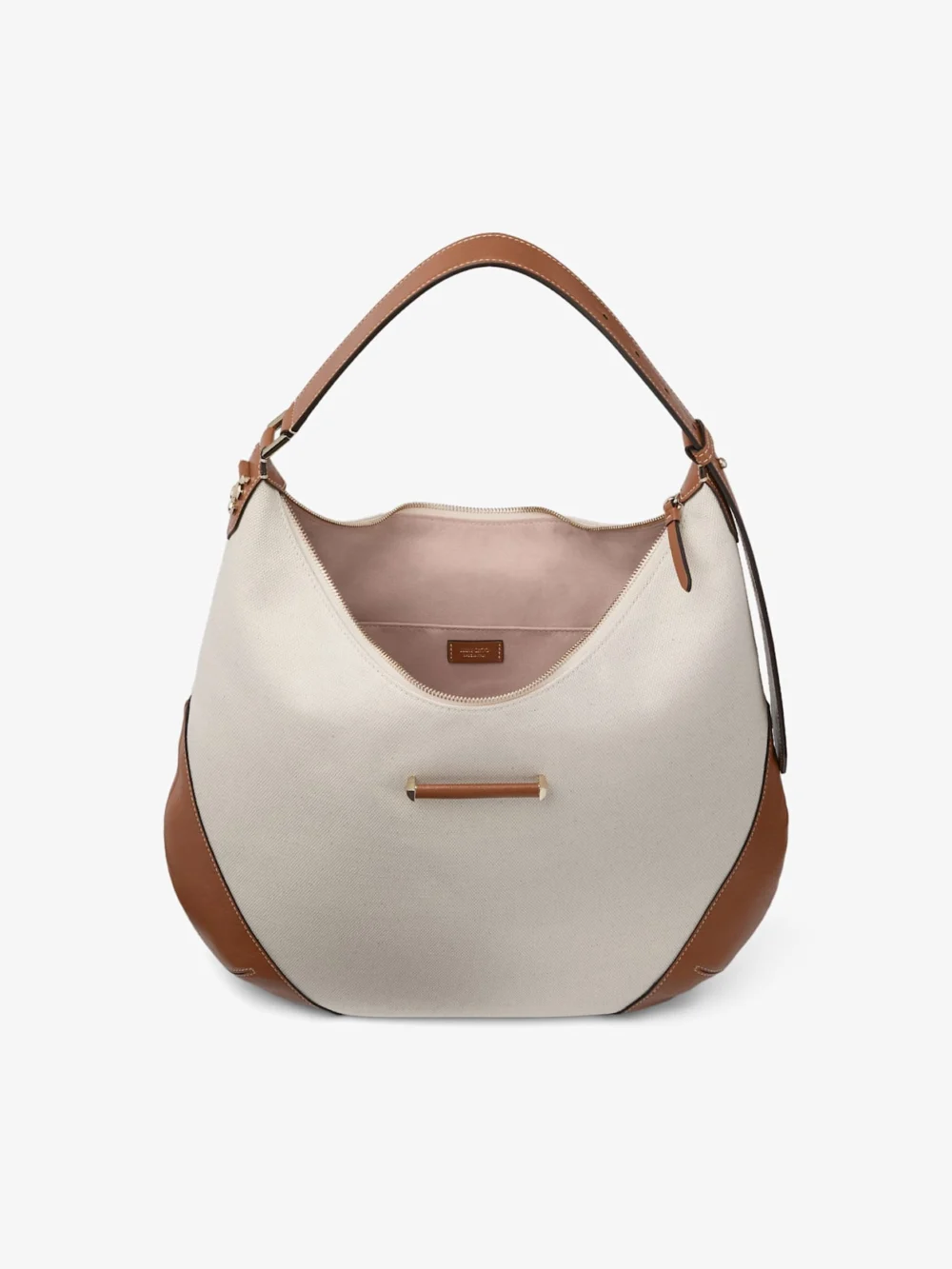 Jimmy Choo Bar Hobo Medium Natural and Tan Recycled Canvas Shoulder Bag with Biker Leather Trim, another view