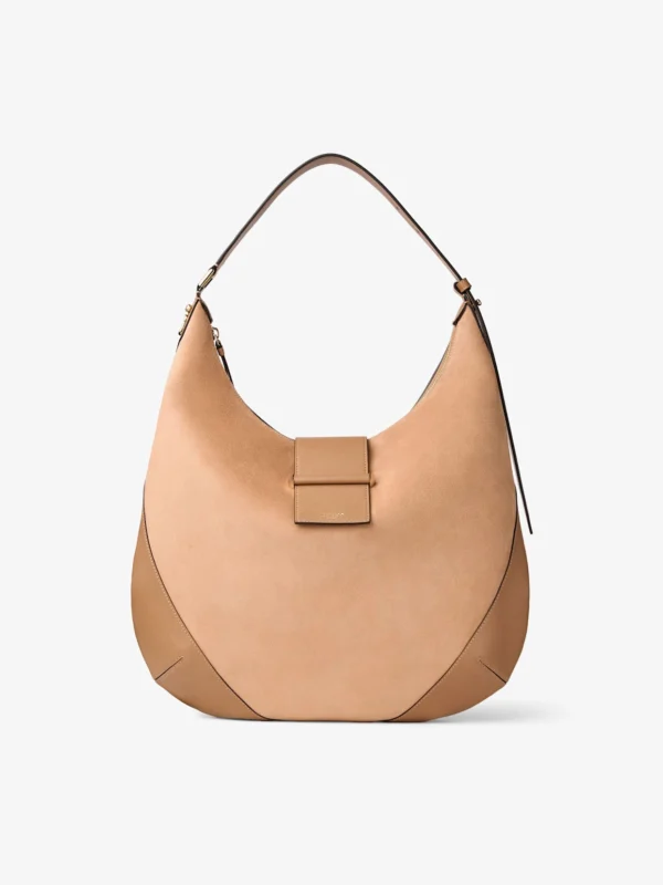 Jimmy Choo Bar Hobo Medium Toffee Suede Shoulder Bag with Biker Leather Trims