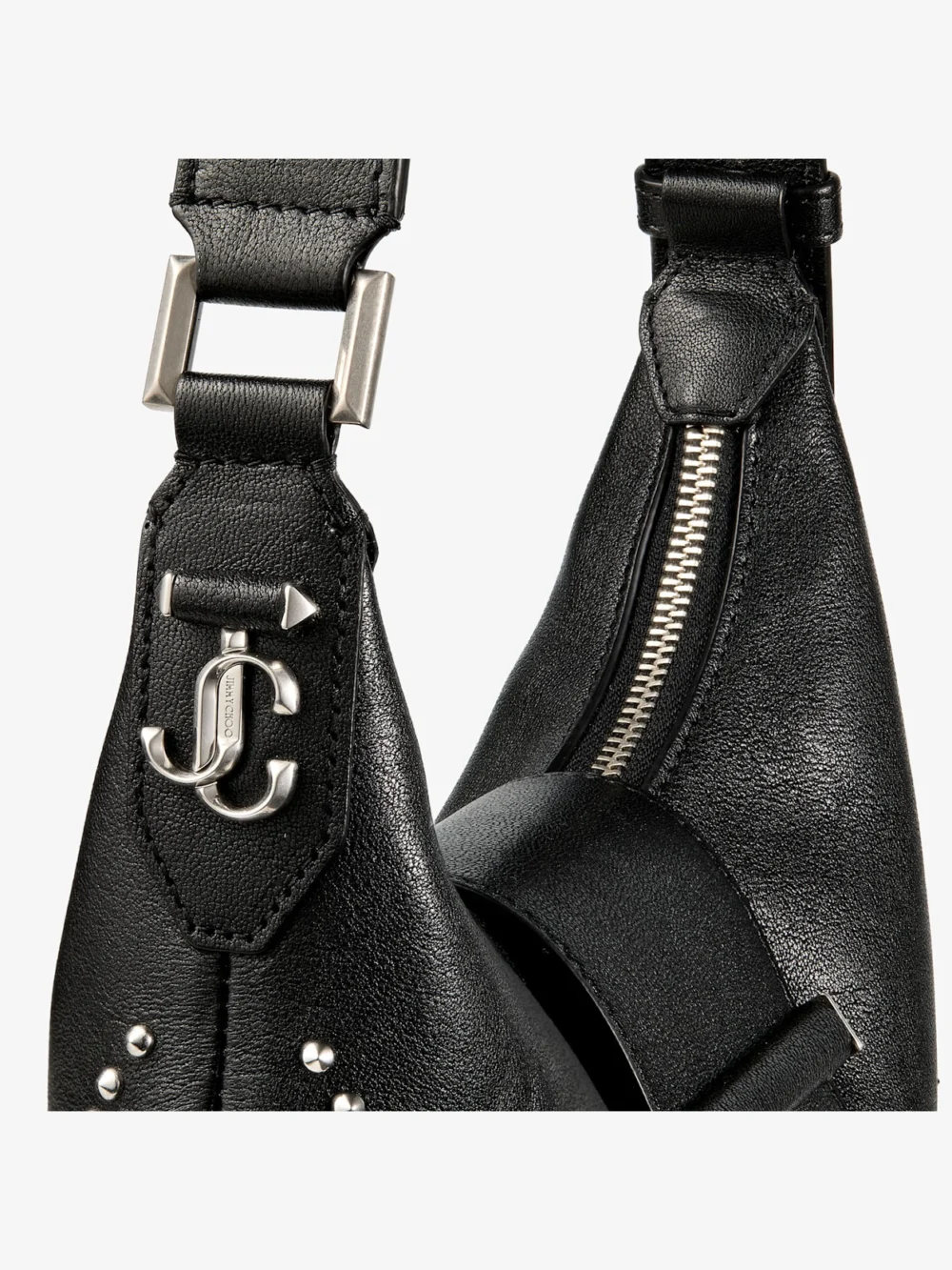 Back view of the Jimmy Choo Bar Hobo Small Black Biker Leather Shoulder Bag with Pearl Studs