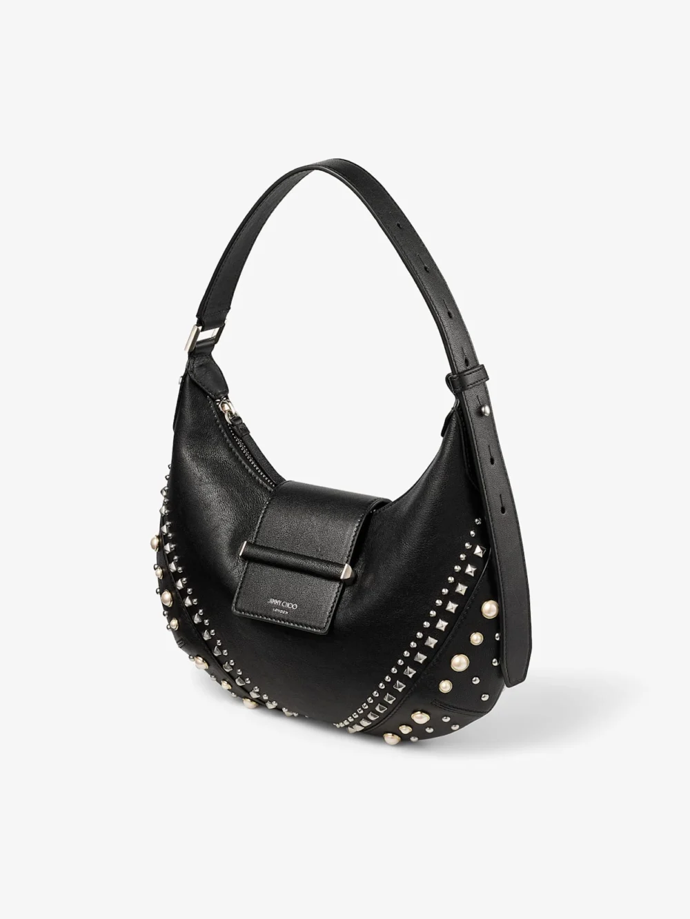 Close-up detail of the Jimmy Choo Bar Hobo Small Black Biker Leather Shoulder Bag with Pearl Studs