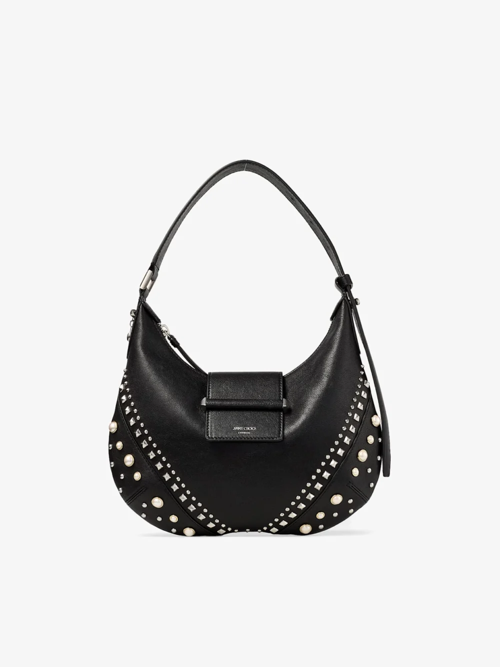 Jimmy Choo Bar Hobo Small Black Biker Leather Shoulder Bag with Pearl Studs in black
