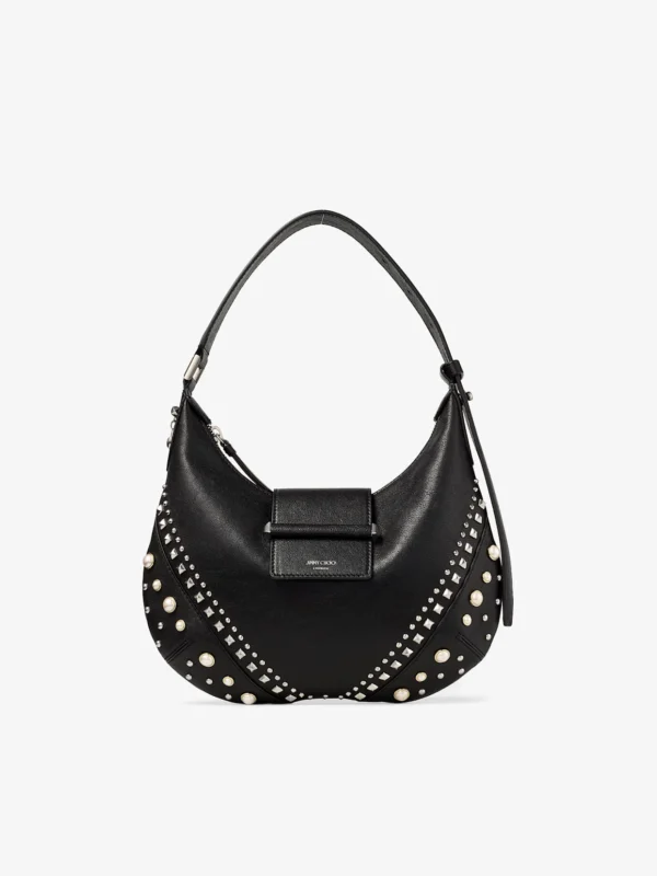 Jimmy Choo Bar Hobo Small Black Biker Leather Shoulder Bag with Pearl Studs