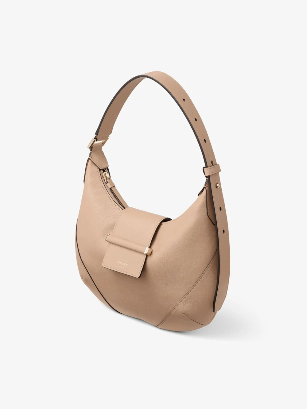 Close-up detail of the Jimmy Choo Bar Hobo Small Chai Biker Leather Shoulder Bag