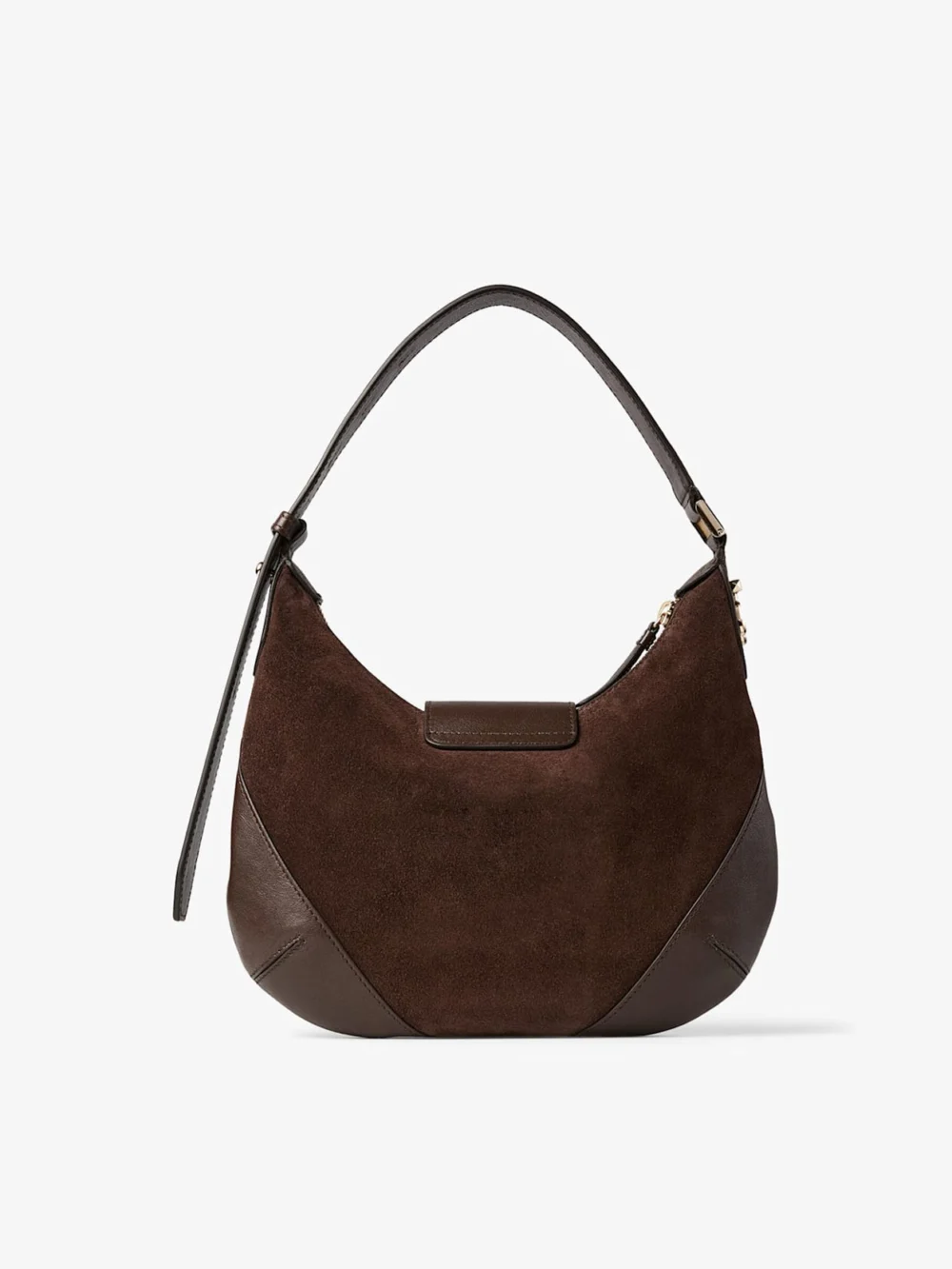 Back view of the Jimmy Choo Bar Hobo Small Chocolate Suede Shoulder Bag with Biker Leather Trim