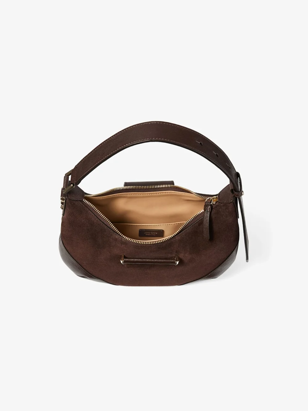 Close-up detail of the Jimmy Choo Bar Hobo Small Chocolate Suede Shoulder Bag with Biker Leather Trim