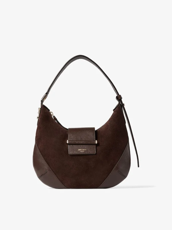 Jimmy Choo Bar Hobo Small Chocolate Suede Shoulder Bag with Biker Leather Trim