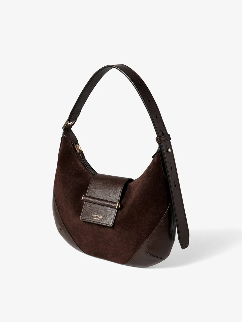 Side view of the Jimmy Choo Bar Hobo Small Chocolate Suede Shoulder Bag with Biker Leather Trim