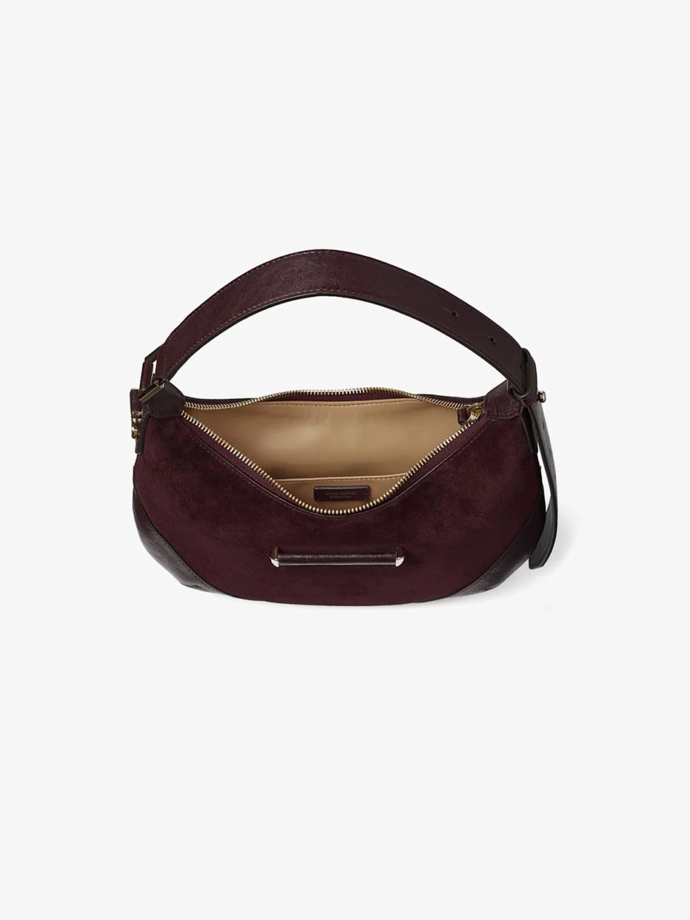 Back view of the Jimmy Choo Bar Hobo Small Deep Merlot Suede Shoulder Bag with Biker Leather Trim