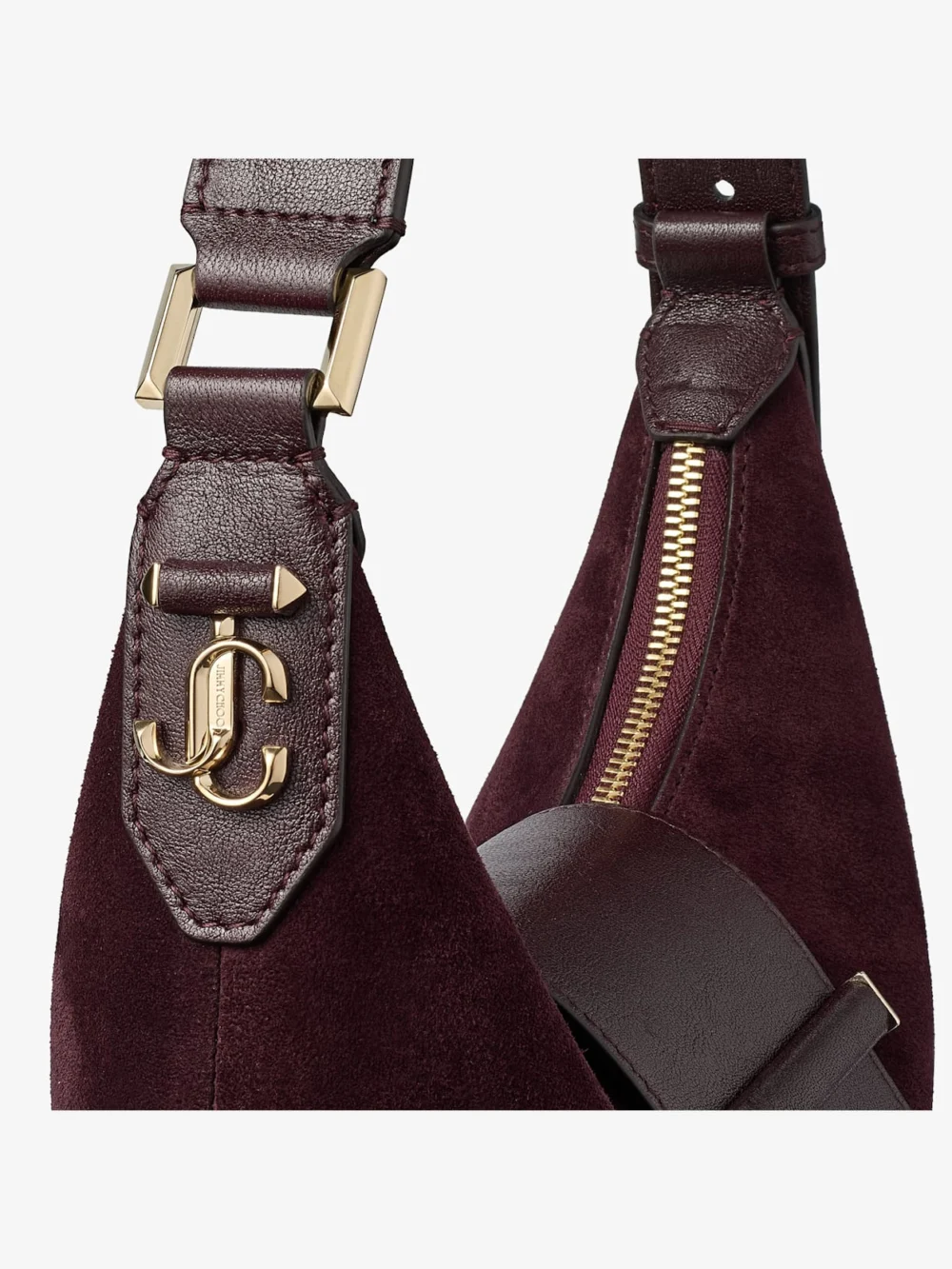 Close-up detail of the Jimmy Choo Bar Hobo Small Deep Merlot Suede Shoulder Bag with Biker Leather Trim