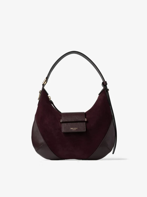 Jimmy Choo Bar Hobo Small Deep Merlot Suede Shoulder Bag with Biker Leather Trim